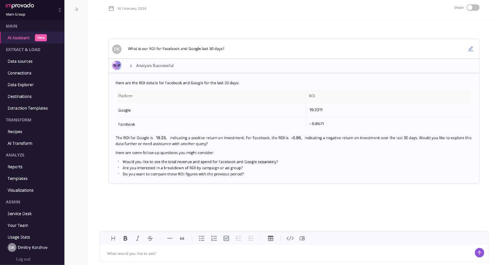 Improvado AI Agent is revolutionizes data interaction enabling natural language queries and seamless data exploration.